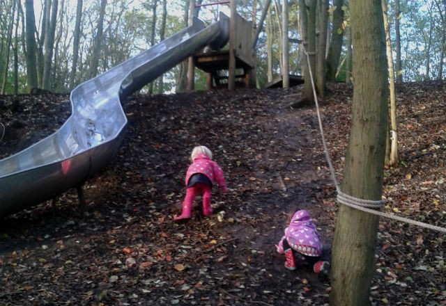 Climbing up to the slides at the Spinney